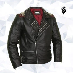 Custom Made Edgy Black Leather Biker Jacket With Red Quilted Lining