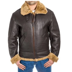 Custom Made Aviator Faux Fur Brown Men’s Leather Jacket