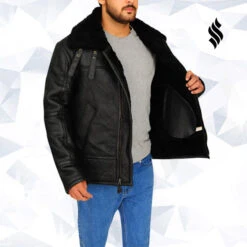 Custom Made B3 Aviator Bomber Sheepskin Black Jacket -Milani Jackets Shop Aviator Bomber Sheepskin Black Jacket