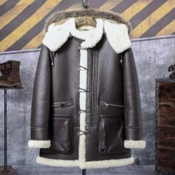 Custom Made B3 Bomber Jacket Hooded Leather Jacket Shearling Coat Mens Brown
