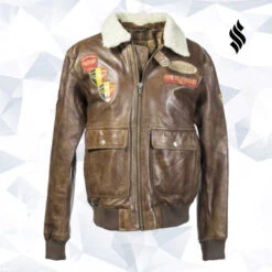 Shearling Leather BROWN LEATHER AVIATOR JACKET WITH BADGES
