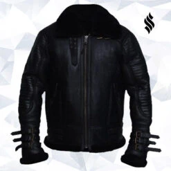 Custom Made Men Black Biker Shearling Jacket