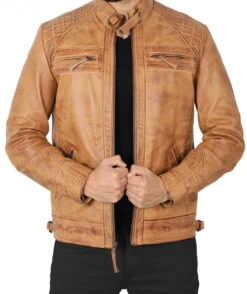 Biker Leather Jacket Johnson Camel Quilted Leather Motorcycle Jacket