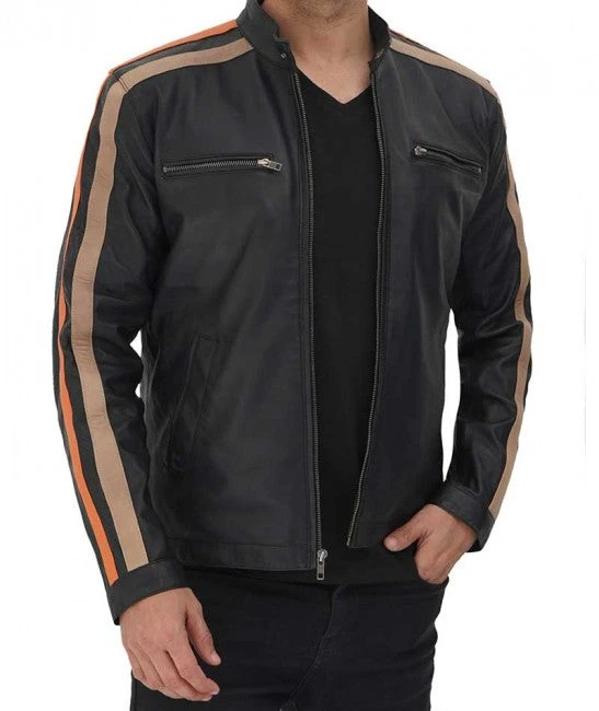 Biker Leather Jacket Harland Stripe Black Leather Cafe Racer Style Jacket For Men 3 Biker Leather Jacket Harland Stripe Black Leather Cafe Racer Style Jacket For Men