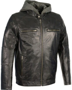 Biker Leather Jacket Men's Snap Collar Leather Moto Jacket W/ Removable Hood