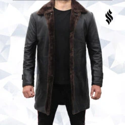 Shearling Leather Chandler Mens Shearling Lined Black Leather Trench Coat