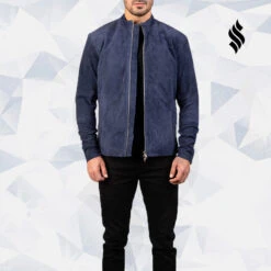 Shearling Leather Charcoal Navy Blue Suede Biker Leather Jacket