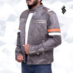Custom Made Fossil Grey Retro Biker Jacket -Milani Jackets Shop Fossil Grey Retro Jacket