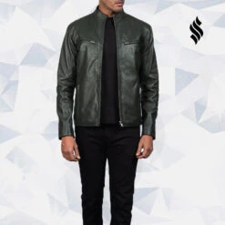 Shearling Leather Green Biker Leather Jacket Ionic Style