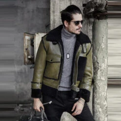 Shearling Leather Green Mens RAF Flying Pilot Sheepskin Shearling Leather Jacket