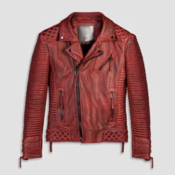 Biker Leather Jacket Men Red Waxed Biker Leather Motorcycle Jacket
