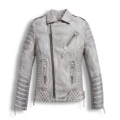 Milani Jackets Shop 46 Biker Leather Jacket Chrome White Waxed Biker Leather Motorcycle Jacket