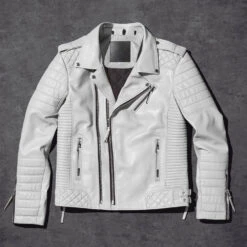Biker Leather Jacket Men White Pearl Biker Leather Jacket