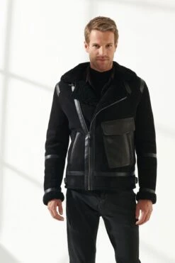 Custom Made Men Aviator Black Shearling Jacket