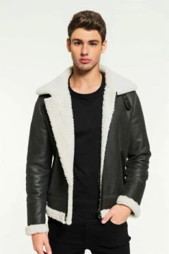 Custom Made Men Aviator Grizzly Grey Shearling Jacket