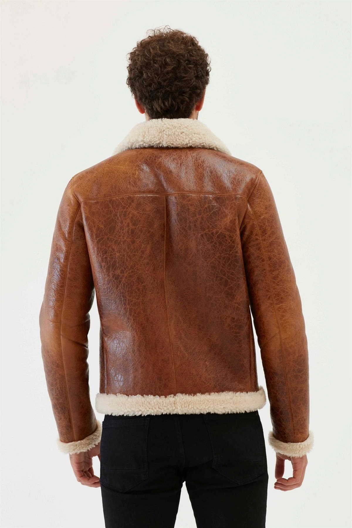 Custom Made Men Aviator Tan&Off White Shearling Jacket 4 Custom Made Men Aviator Tan&Off White Shearling Jacket - Image 2