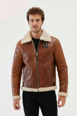 Custom Made Men Aviator Tan&Off White Shearling Jacket
