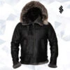 Shearling Leather Men Black Shearling Jacket With Hoodie