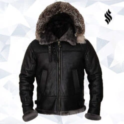 Shearling Leather Men Black Shearling Jacket With Hoodie
