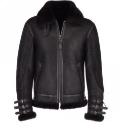 Shearling Leather Men Black Aviator Flying Bomber Shearling Leather Jacket