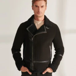 Shearling Leather Men Black Pilot Sheepskin Shearling Leather Aviator Jacket