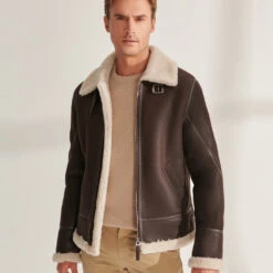 Shearling Leather Men Brown Pilot Shearling Leather Aviator Jacket