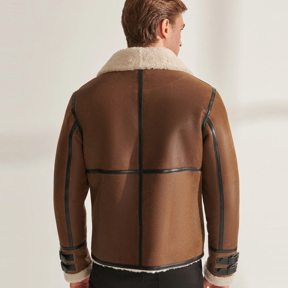 Shearling Leather Men B3 RAF Tan Brown Pilot Shearling Leather Aviator Jacket 4 Shearling Leather Men B3 RAF Tan Brown Pilot Shearling Leather Aviator Jacket - Image 2