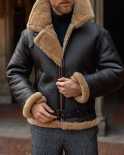 Shearling Leather Men's B3 RAF Aviator Sheepskin Shearling Leather Jacket -Milani Jackets Shop Men sBeltedB3RAFAviatorSheepskinShearlingLeatherJacket2