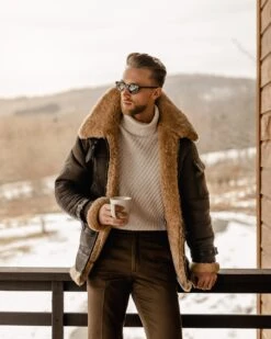 Custom Made Men's Brown B3 Flying Aviator Shearling Leather Long Jacket Coat