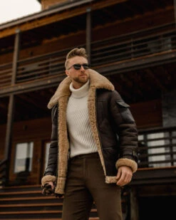Custom Made Men's Brown B3 Flying Aviator Shearling Leather Long Jacket Coat -Milani Jackets Shop Men sBrownB3FlyingAviatorShearlingLeatherLongJacketCoat5