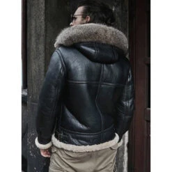 Shearling Leather Men's Hooded RAF Aviator B3 Sheepskin Black Shearling Jacket -Milani Jackets Shop Men sHoodedRAFAviatorB3SheepskinBlackShearlingJacket