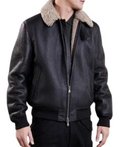 Shearling Leather Mens Aviator Bomber Black Leather Jacket