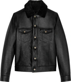 Shearling Leather Mens Denim Style Genuine Leather Jacket With Fur