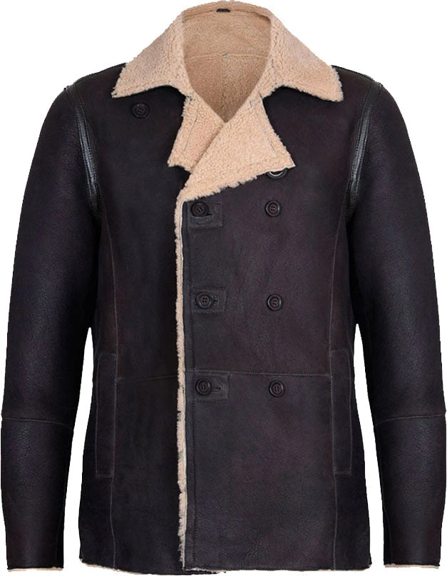 Shearling Leather Mens Double Breasted Real Leather Jacket With Fur 3 Shearling Leather Mens Double Breasted Real Leather Jacket With Fur