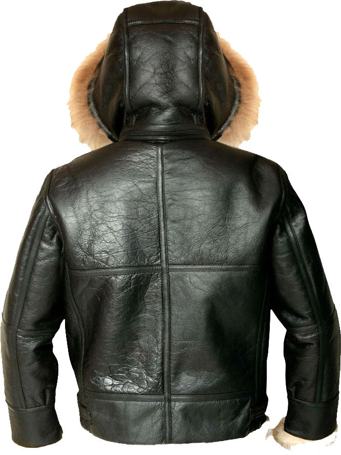 Shearling Leather Mens Hooded Flight Bomber Leather Jacket With Fur 4 Shearling Leather Mens Hooded Flight Bomber Leather Jacket With Fur - Image 2