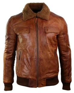 Shearling Leather Mens B3 Bomber Rust Tan Brown Fur Collar Aviator Pilot Leather Jacket
