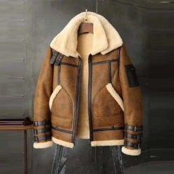 Shearling Leather Mens B3 RAF Aviator Brown Double Collar Flight Shearling Leather Jacket Coat -Milani Jackets Shop MensB3RAFAviatorBrownDoubleCollarFlightShearlingLeatherJacketCoat3