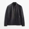 Shearling Leather Mens Black Plane Biker Jacket -Milani Jackets Shop MensBlackPlainBikerJacket