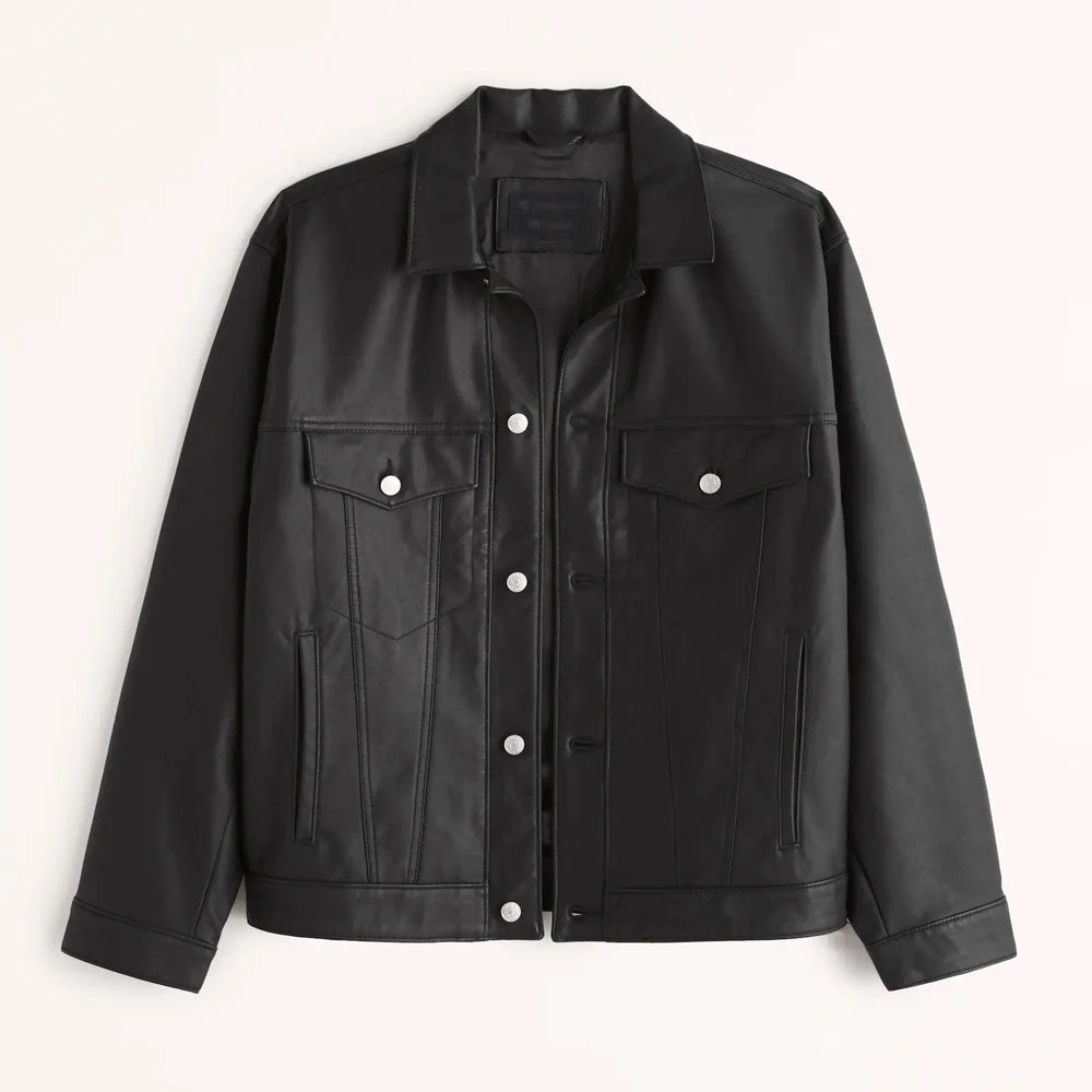 Shearling Leather Mens Black Plain Trucker Leather Jacket 3 Shearling Leather Mens Black Plain Trucker Leather Jacket