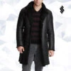 Shearling Leather Mens Black Shearling Leather Trench Coat -Milani Jackets Shop MensBlackShearlingLeatherTrenchCoat