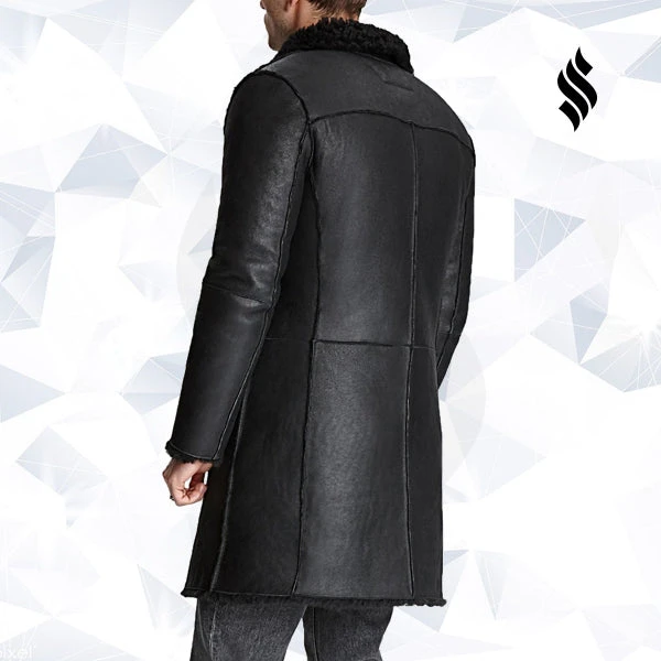 Shearling Leather Mens Black Shearling Leather Trench Coat 4 Shearling Leather Mens Black Shearling Leather Trench Coat - Image 2