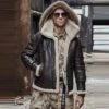 Shearling Leather Mens Brown Hooded B3 RAF Aviator Sheepskin Shearling Leather Jacket -Milani Jackets Shop MensBrownHoodedB3RAFAviatorSheepskinShearlingLeatherJacket