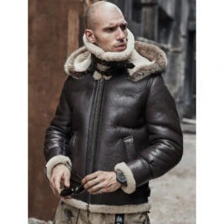 Shearling Leather Mens Brown Hooded B3 RAF Aviator Sheepskin Shearling Leather Jacket -Milani Jackets Shop MensBrownHoodedB3RAFAviatorSheepskinShearlingLeatherJacket2