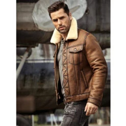 Shearling Leather Mens Brown RAF B3 Sheepskin Trucker Shearling Leather Jacket -Milani Jackets Shop MensBrownRAFB3SheepskinTruckerShearlingLeatherJacket2
