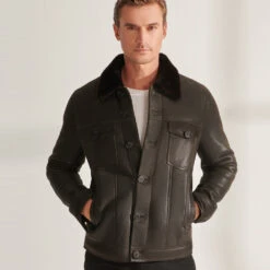 Shearling Leather Mens Brown Sheepskin Shearling Leather Trucker Aviator Jacket