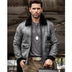 Shearling Leather Mens Grey B3 RAF Flight Shearling Leather Jacket Coat -Milani Jackets Shop MensGraySheepskinShearlingJacketLeatherJacketA2AirforceFlightCoatMensWinterFurJacket