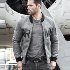 Shearling Leather Mens Grey Sheepskin Army Shearling Bomber Jacket