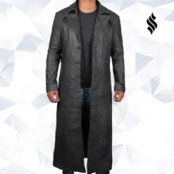 Shearling Leather Mens Leather Black Winter Trench Coat - Full Length Overcoat