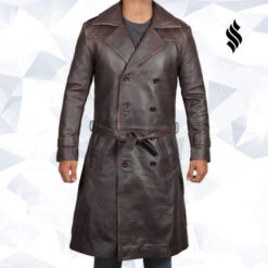 Shearling Leather Mens Rorschach Distressed Brown Travelling Winter Long Leather Trench Coat