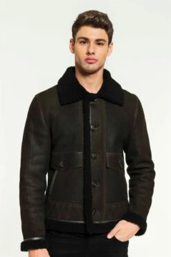 Custom Made Men Aviator Dark Green&Black Shearling Jacket